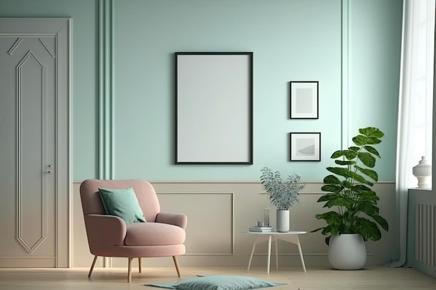 Plantas de sala de estar modernas, contra-quadro, branco, verde, fundo de cor pastel, feito com IA generativa