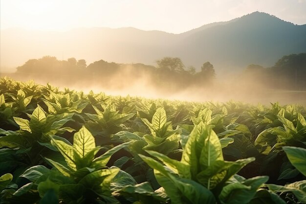 Foto plantas de tabaco em budos à luz do amanhecer