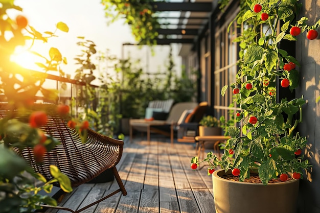 Plantas de tomate cereja em uma varanda com jardim ao pôr do sol