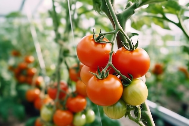 Plantas de tomate cereja prósperas crescendo no jardim IA generativa