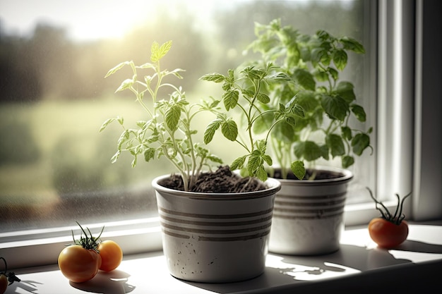 Plantas de tomate germinando em uma panela na janela da cozinha Feche o plano de fundo