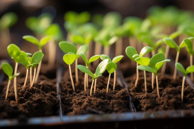 Las plantas diminutas esperan crecer en una bandeja de siembra ordenada y eficiente