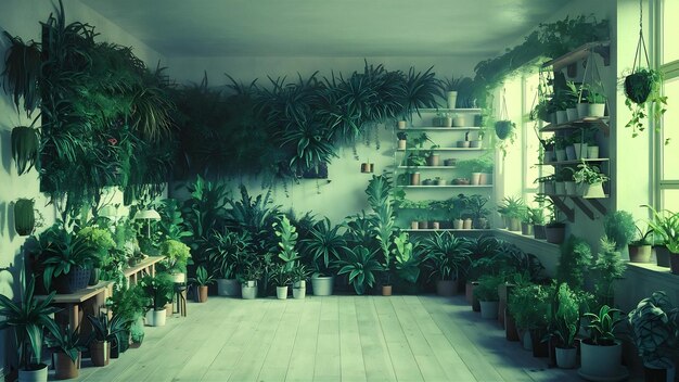 Foto plantas e decoração de paredes em uma sala vazia