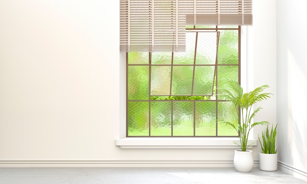 plantas e paisagem verde na janela. 3D render