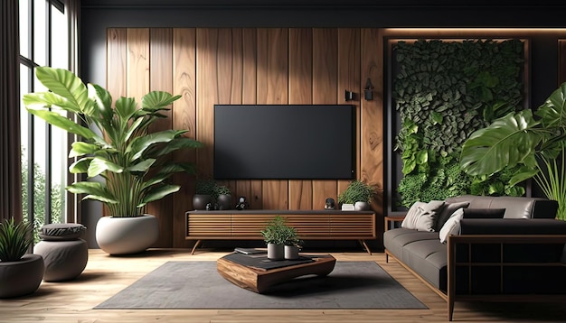 Plantas e tela de TV no jardim vertical da sala de estar moderna em IA generativa interior de luxo