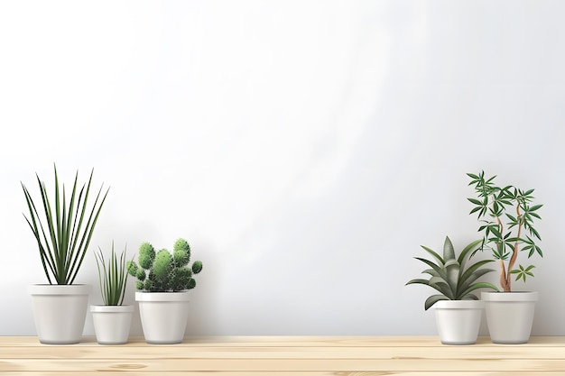 Plantas em vasos na mesa contra o espaço de parede grunge para texto