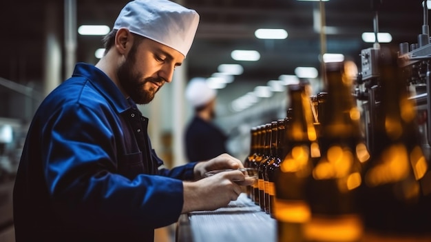 Foto plantas embotelladoras de cerveza y empleados de fábricas controlan la producción de bebidas alcohólicas