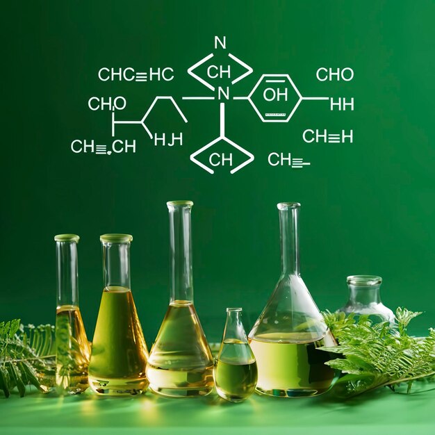 Plantas con estructura bioquímica y fórmula química en fondo verde