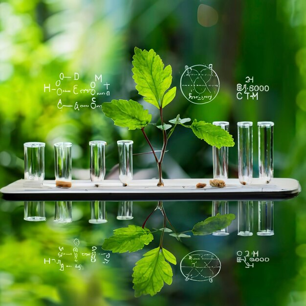 Plantas con estructura bioquímica y fórmula química en fondo verde