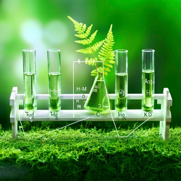 Foto plantas con estructura bioquímica y fórmula química en fondo verde