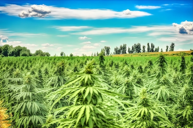 Plantas de floración de marihuana naturaleza del campo agrícola con red neuronal verde generada por ai