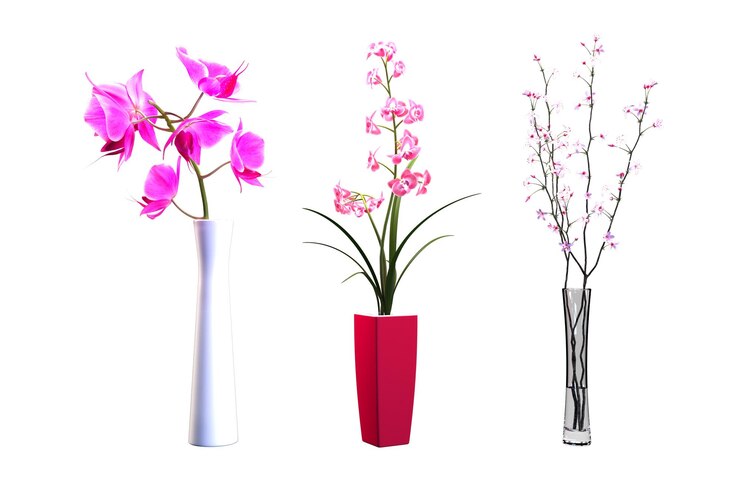 Foto plantas florales en macetas de cerámica y vidrio