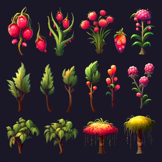 Plantas florestais de fantasia e sprites de bagas para jogos móveis