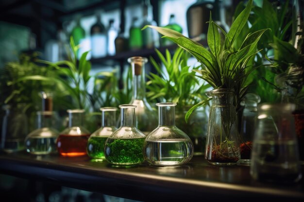 Foto plantas en frascos experimentos de laboratorio tecnología de ia generativa