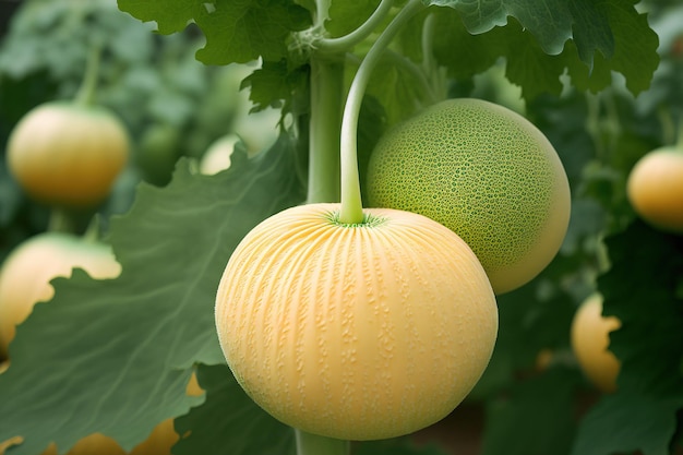 Plantas frescas para melões Fruta japonesa que foi apoiada por melão em uma estufa