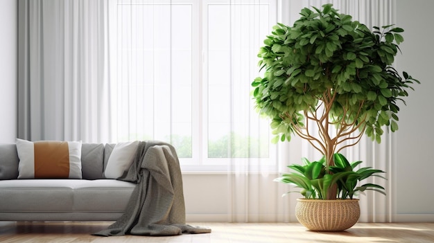 Plantas grandes de Ficus Planta verde elegante em vaso de vime em suporte vintage de madeira nas costas IA generativa