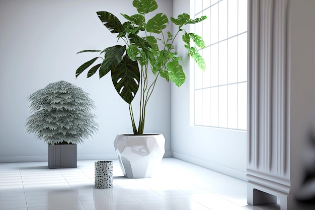 Plantas grandes y hermosas en macetas originales de color gris blanco y moteado encajan perfectamente en el interior de una oficina vacía y luminosa