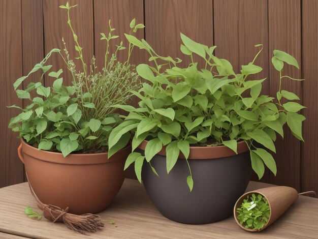 Foto plantas y hierbas en una olla mágica.