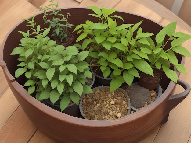 Plantas y hierbas en una olla mágica.