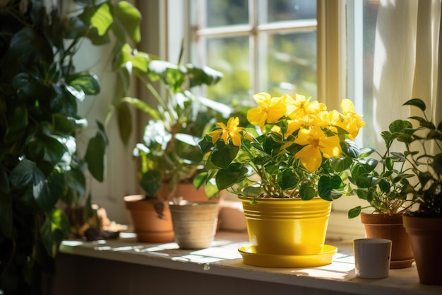 Plantas de interior cultivadas en macetas dentro de la casa Una ventana soleada adornada con cortinas amarillas y...