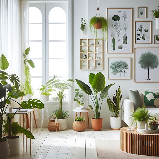 plantas de interior en macetas de cerámica grises y blancas en estantes de madera colgando de una pared blanca