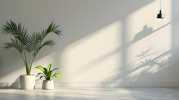 Plantas de interior minimalistas a la luz del sol decoración moderna simple espacio blanco y sombras naturales diseño interior elegante para la paz y la tranquilidad IA