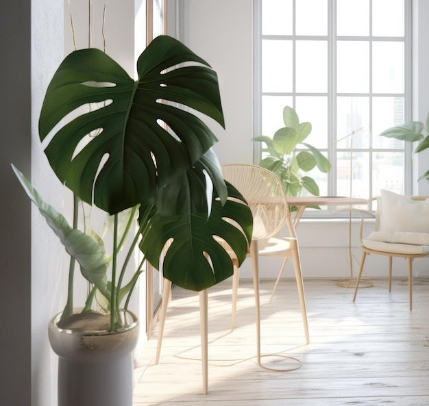 Plantas de interior Monstera en una olla en un elegante interior de sala de estar escandinavo con una gran ventana con luz solar matinal IA generativa
