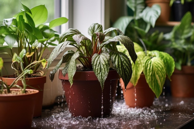 Foto plantas de interior con suelo húmedo después del riego.