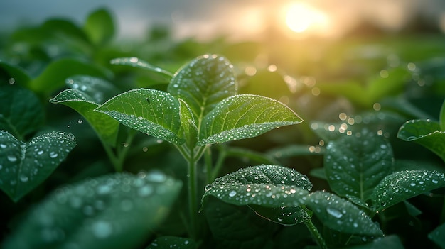 plantas jóvenes húmedas en el campo por la mañana