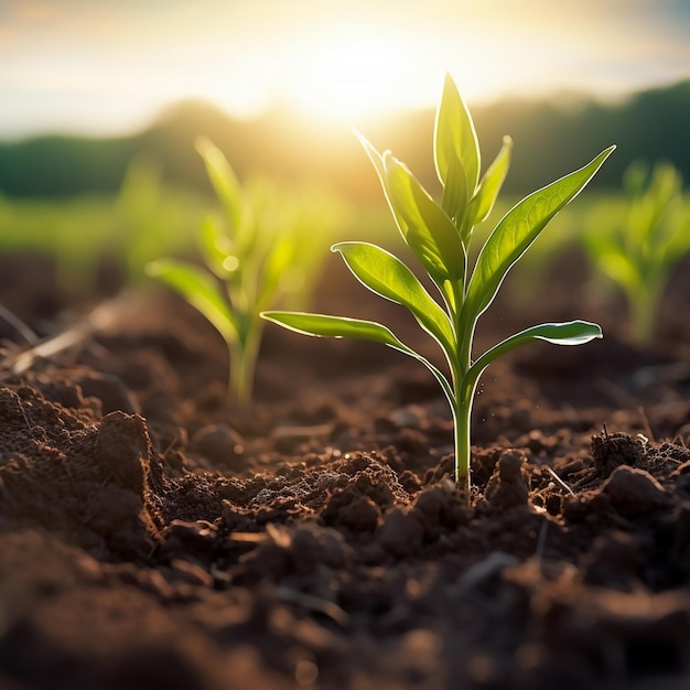 Plantas jóvenes de maíz que crecen en el campo