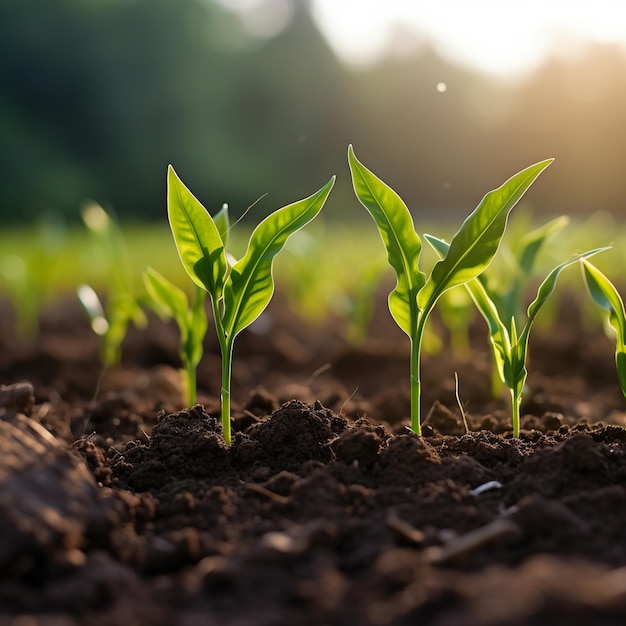 Plantas jóvenes de maíz que crecen en el campo