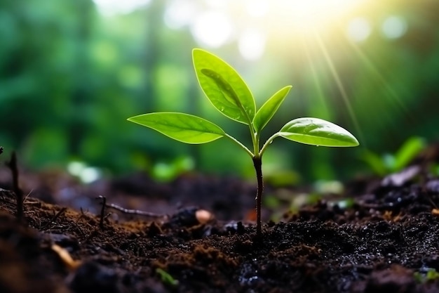 Plantas jóvenes que brotan en el suelo en medio de elementos naturales IA generativa