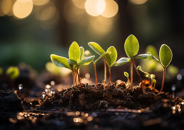 plantas jóvenes que crecen fuera del suelo con luz de fondo