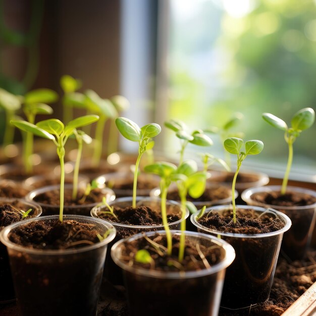 Plantas jóvenes que crecen en ollas en el alféizar de la ventana de una casa IA generativa