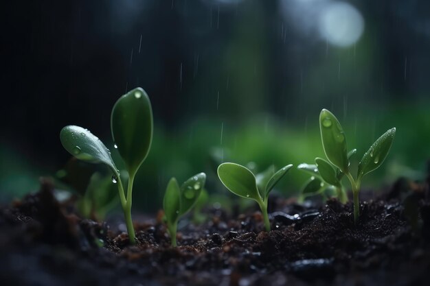 plantas jóvenes que crecen en el suelo con IA generativa de gotas de lluvia