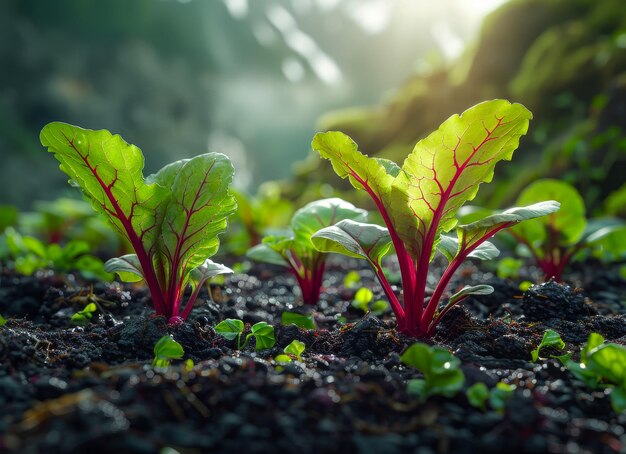 Plantas jóvenes de remolacha en el huerto