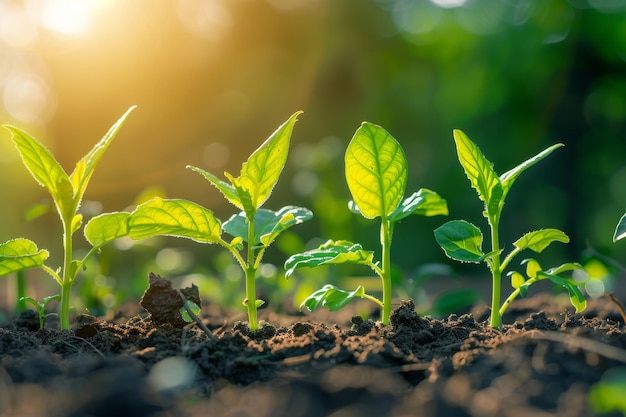 Plantas jovens a crescer à luz do sol