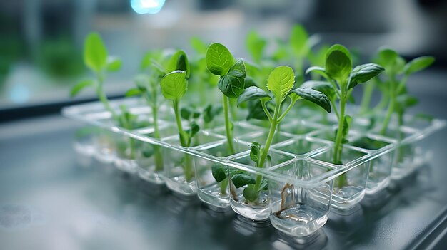 Plantas jovens crescendo em um sistema hidropônico