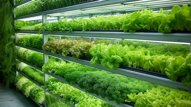 Las plantas de lechuga fresca florecen en una granja hidropónica con iluminación LED de bajo consumo energético