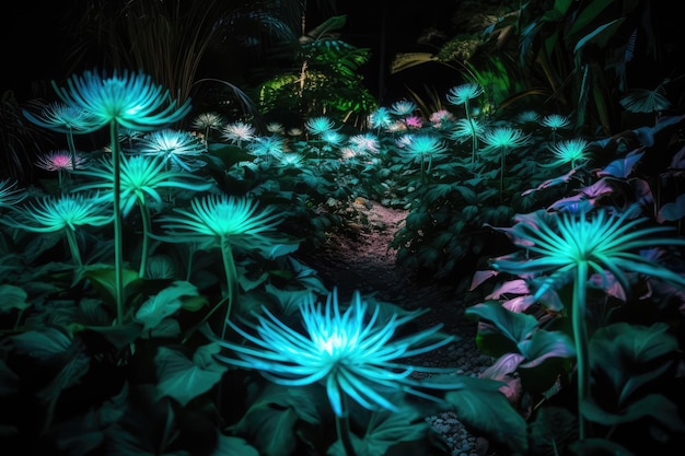 Plantas luminescentes crescendo em IA generativa de jardim botânico