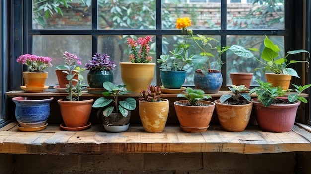 Plantas en maceta en el alféizar de la ventana