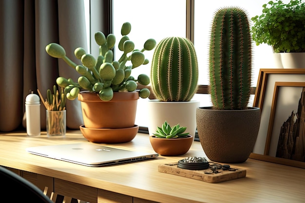 Plantas en macetas de cactus caseros en un escritorio de madera en la oficina
