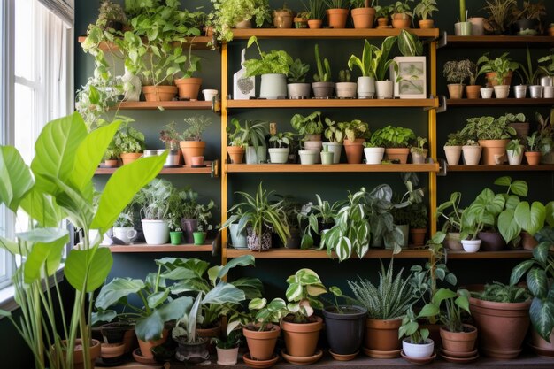 Plantas en macetas colocadas ordenadamente en estantes de plantas escalonados