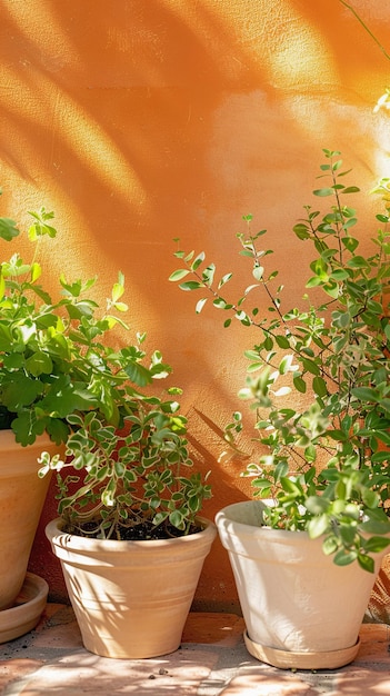 Foto plantas en macetas contra la pared naranja con sombras