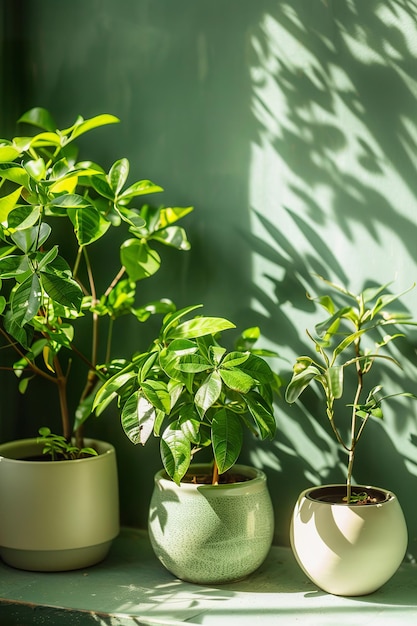 Plantas en macetas contra la pared verde con sombras