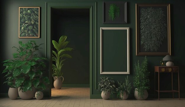 Las plantas en macetas decoran la sala de estar con paredes de color verde con el marco de la galería de arte Generative Ai