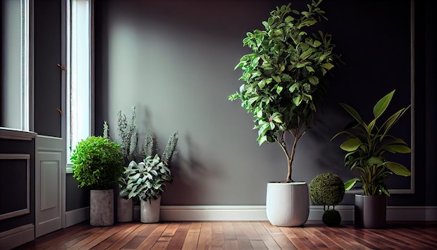 Plantas en macetas decoran la sala de estar vacía con paredes verdes y piso de madera IA generativa