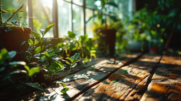 Plantas en macetas en un piso de madera en un invernadero con luz solar