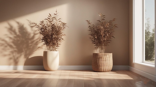 Plantas en macetas sobre un suelo de madera con una luz brillando a través de la ventana.