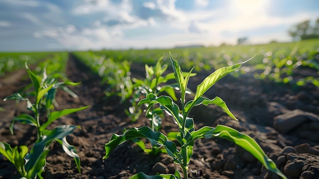 Foto plantas de maíz jóvenes vibrantes creciendo en un campo bajo la luz del sol para transmitir la belleza y la complejidad de las plantas de maíz joven que crecen en un campo y